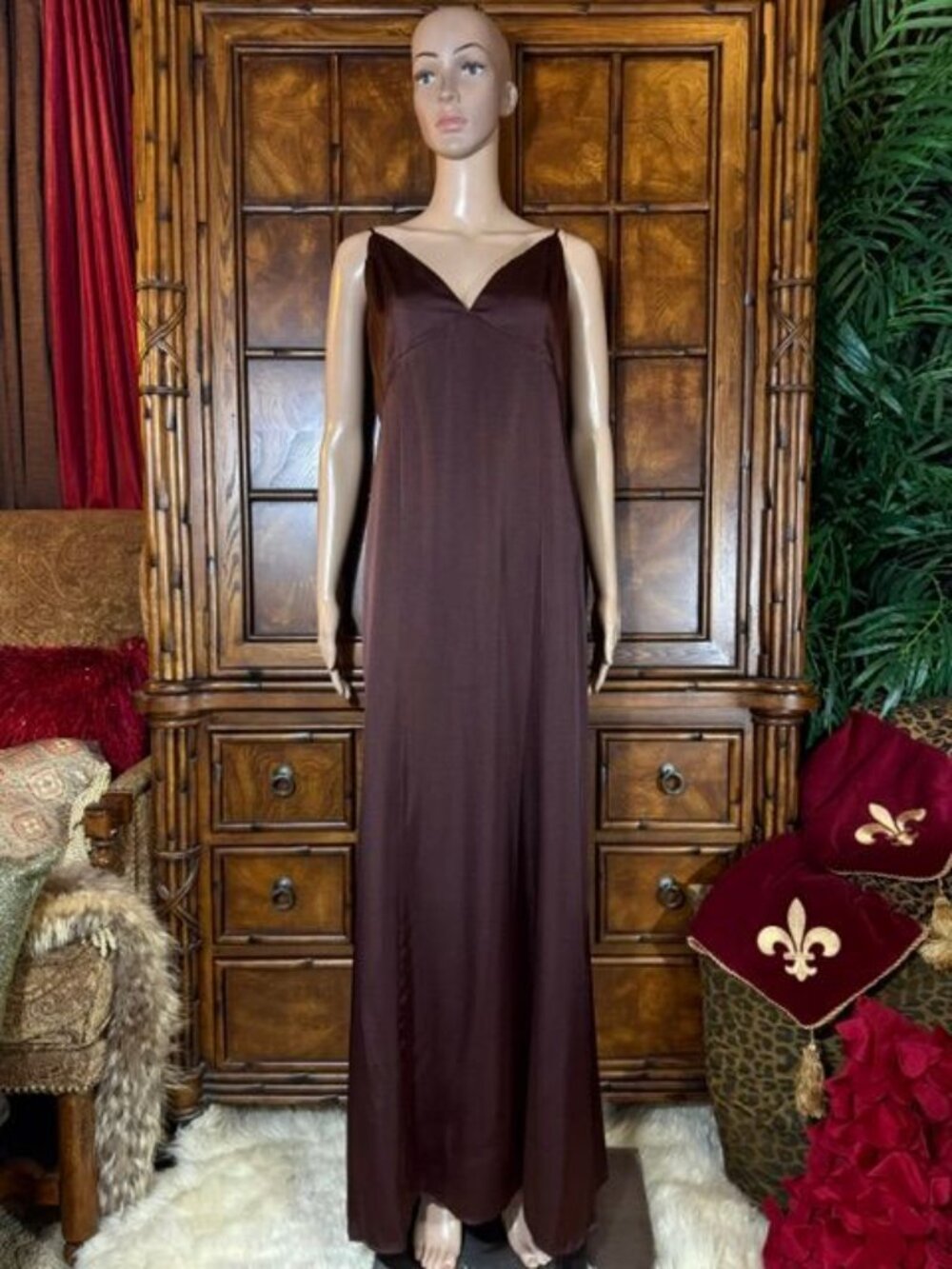 Express Chocolate Brown Satin Structured V-neck Adjustable Strap Maxi Dres Gown